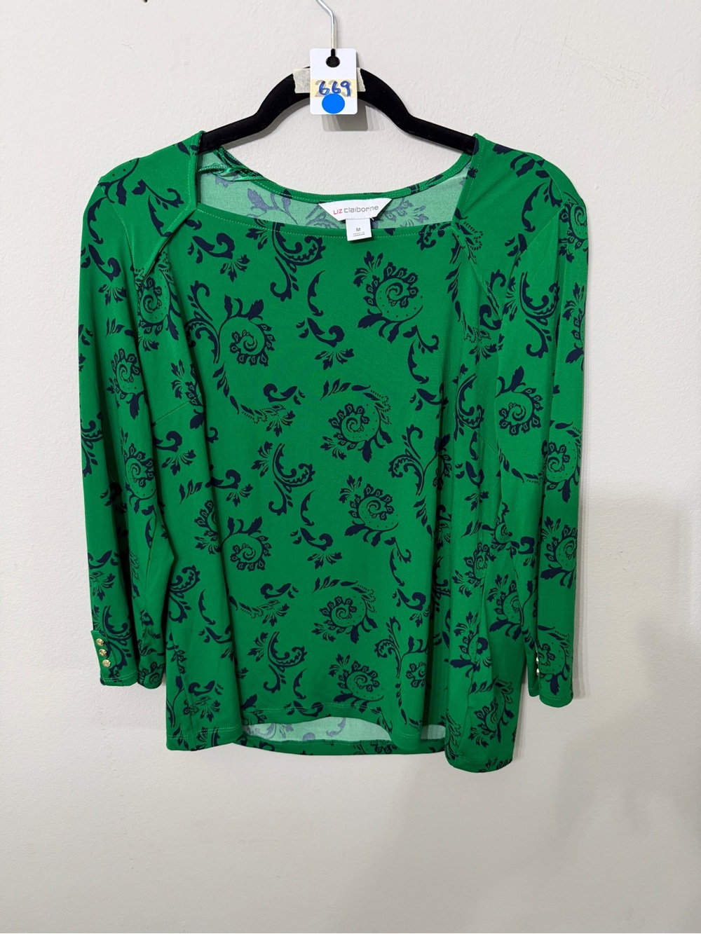 Women’s Liz Claiborne Green Top with Navy Floral Paisley Print Size Medium